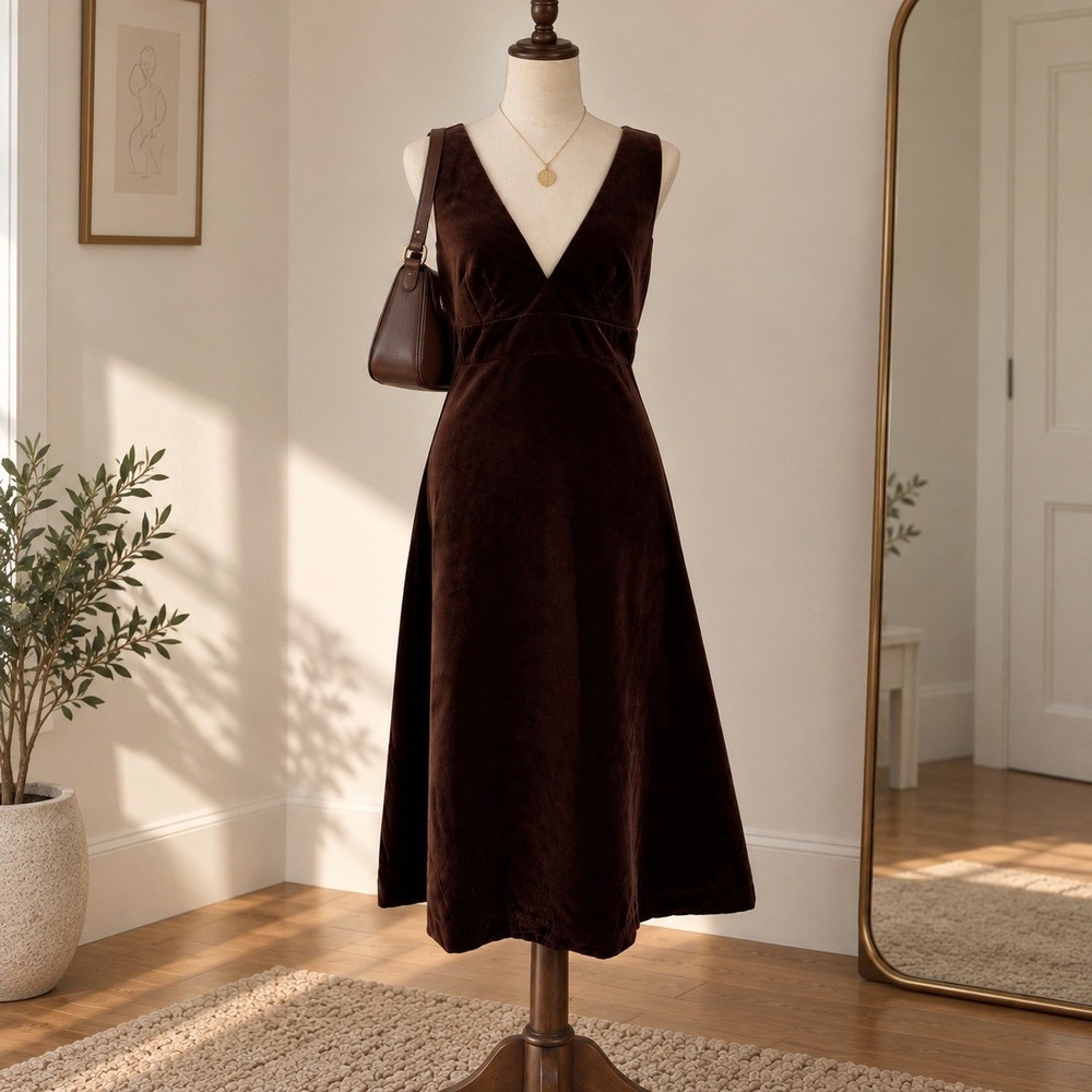 Vintage 90s J Crew Chocolate Brown Velvet Midi Dress 6 V Neck A Line Preppy Y2K